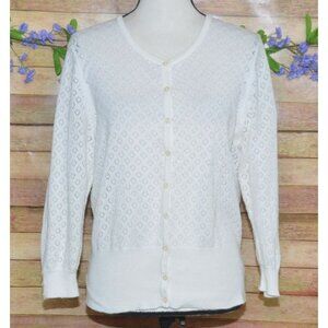Outlander White Button Up Long Sleeve V-Neck Open Weave Cardigan Sweater Size L